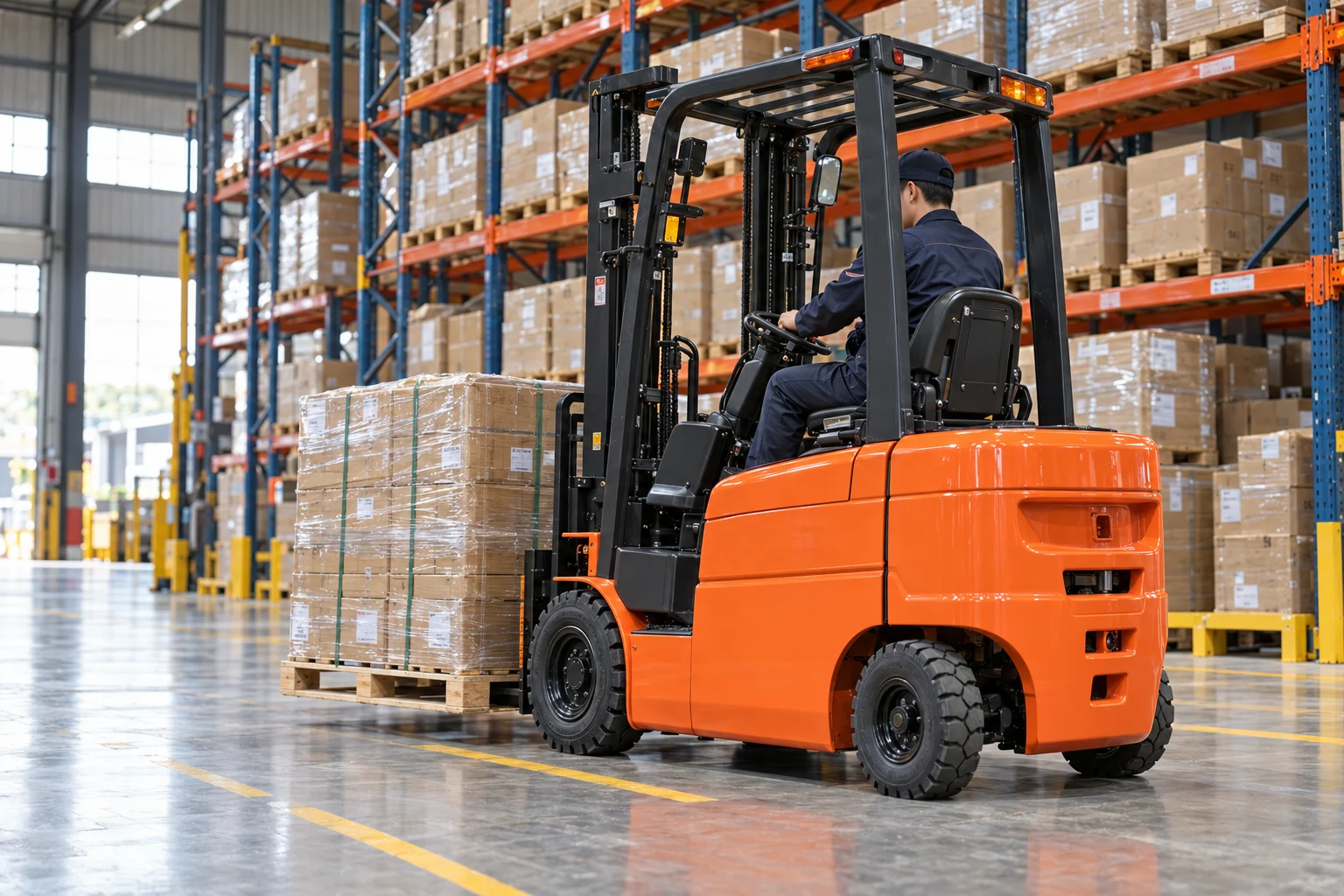 Orange electric forklift carrying a pallet in a warehouse