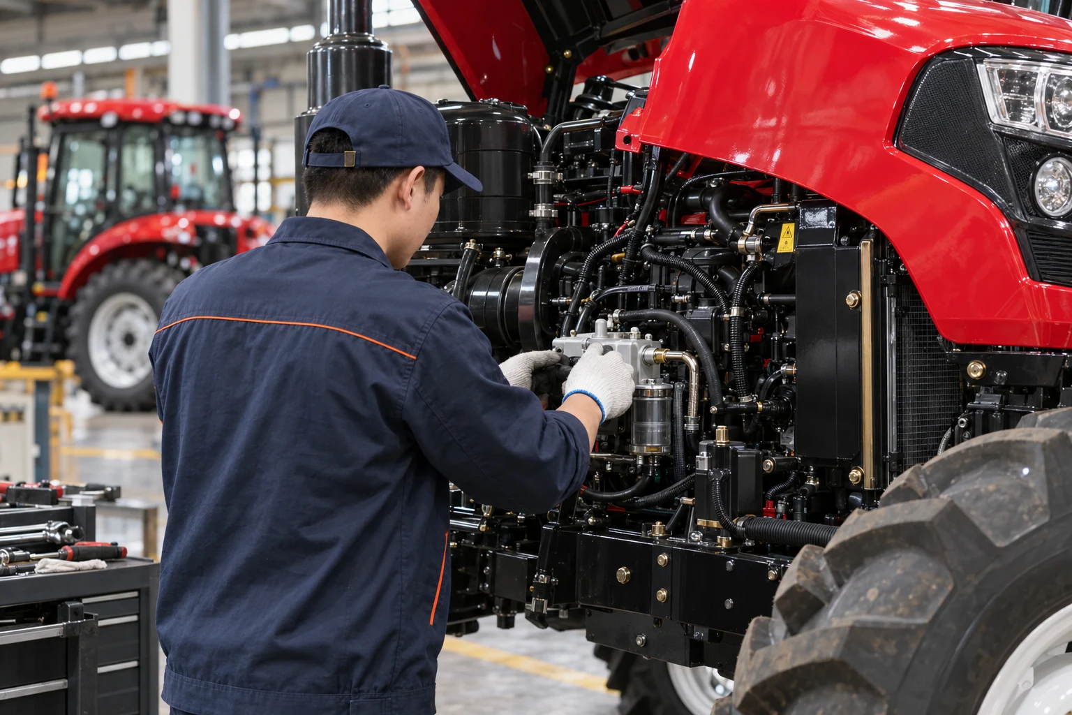 Technician reviewing a stationary agricultural tractor