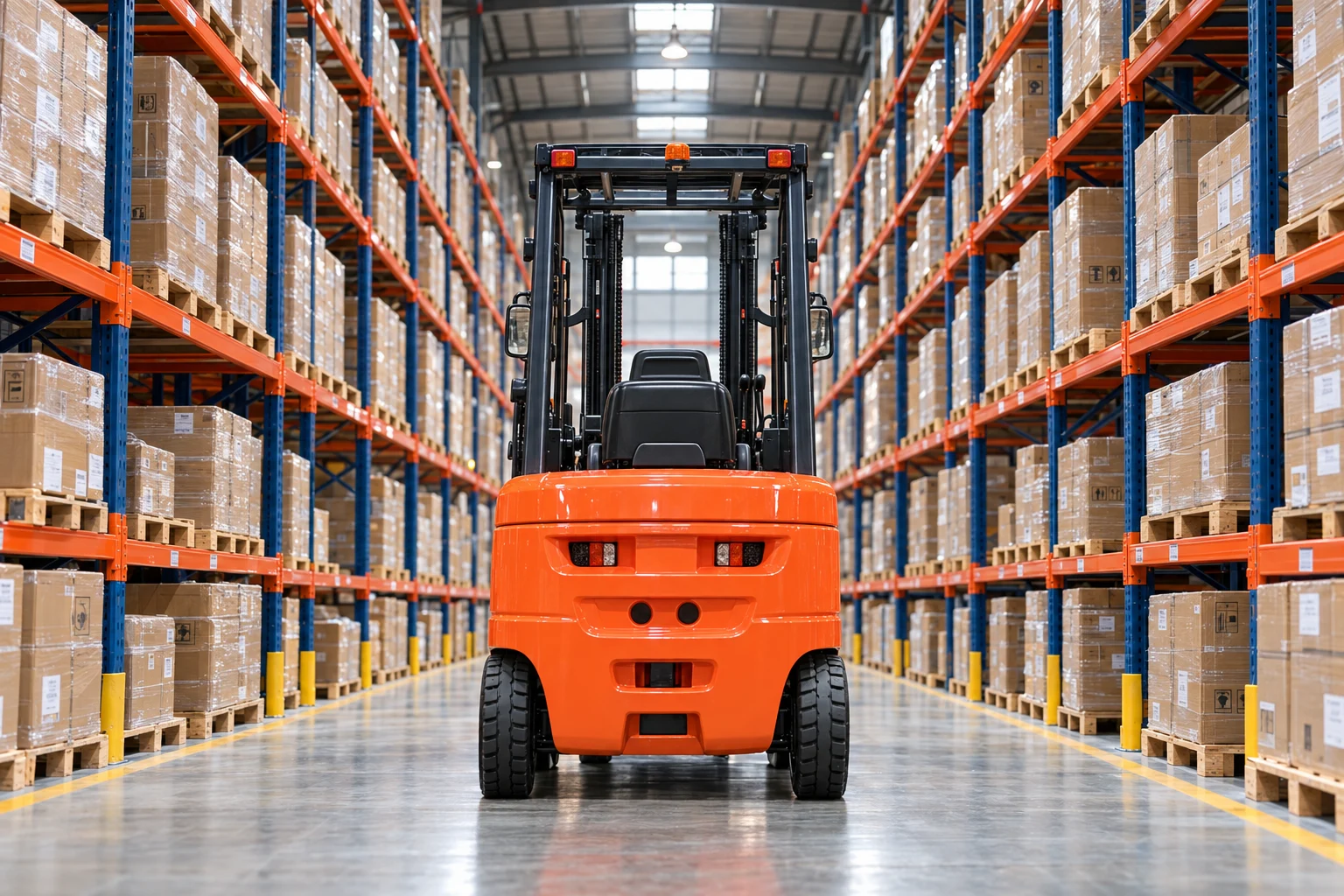 Orange electric forklift in a warehouse aisle