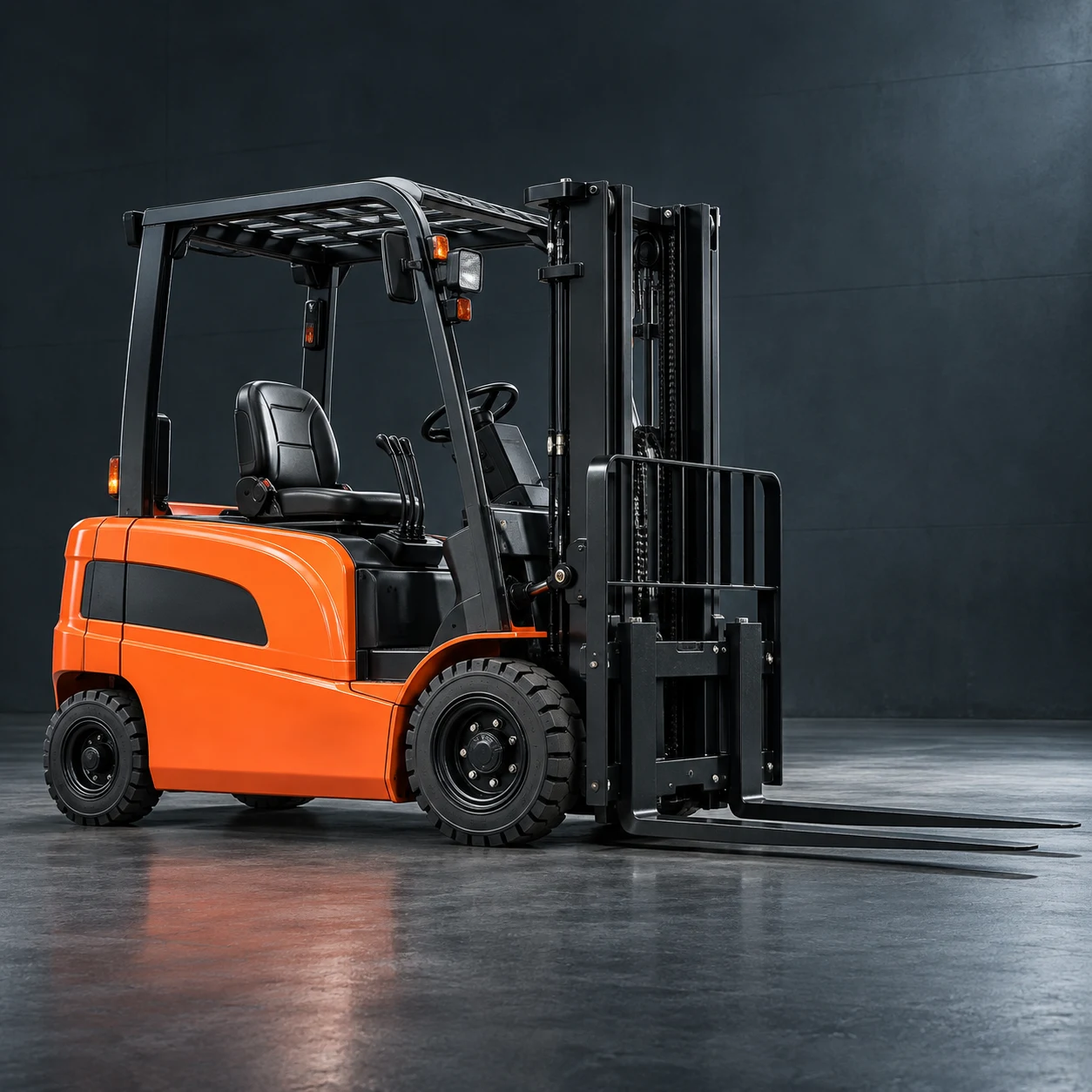 Orange electric forklift in dark industrial studio
