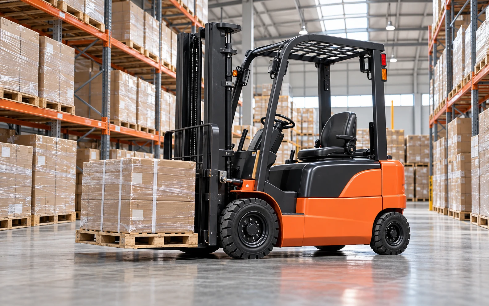 Electric forklift handling a pallet in a warehouse