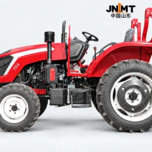 Red YTO-704 tractor with open operator station, left side view