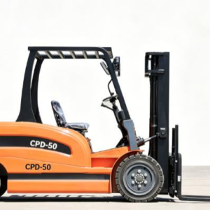 Orange 5-ton electric forklift with overhead guard, left side view