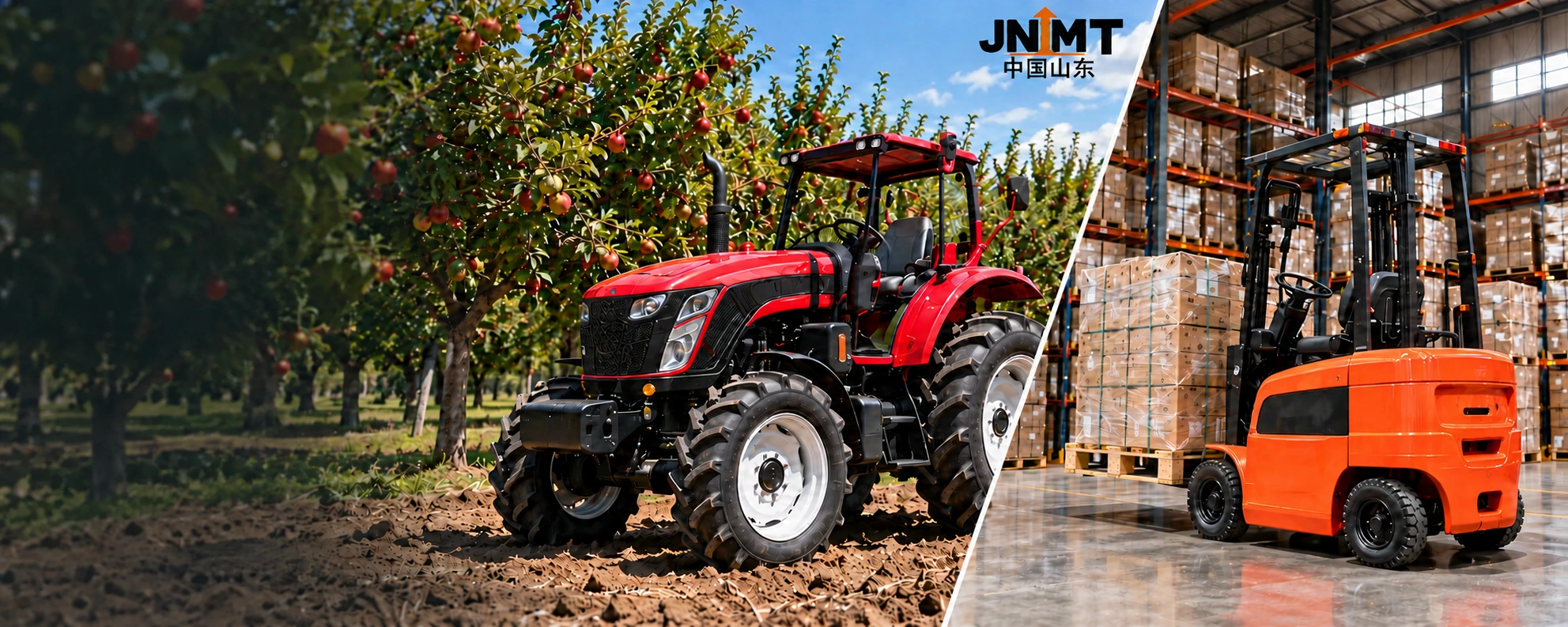 Red tractor in an orchard and orange forklift in a warehouse