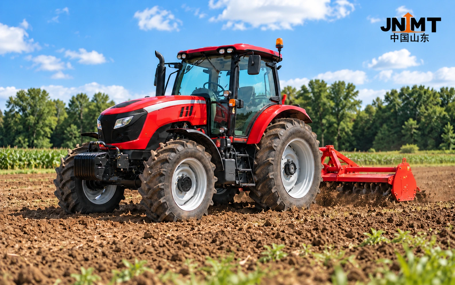 Red tractor cultivating agricultural land