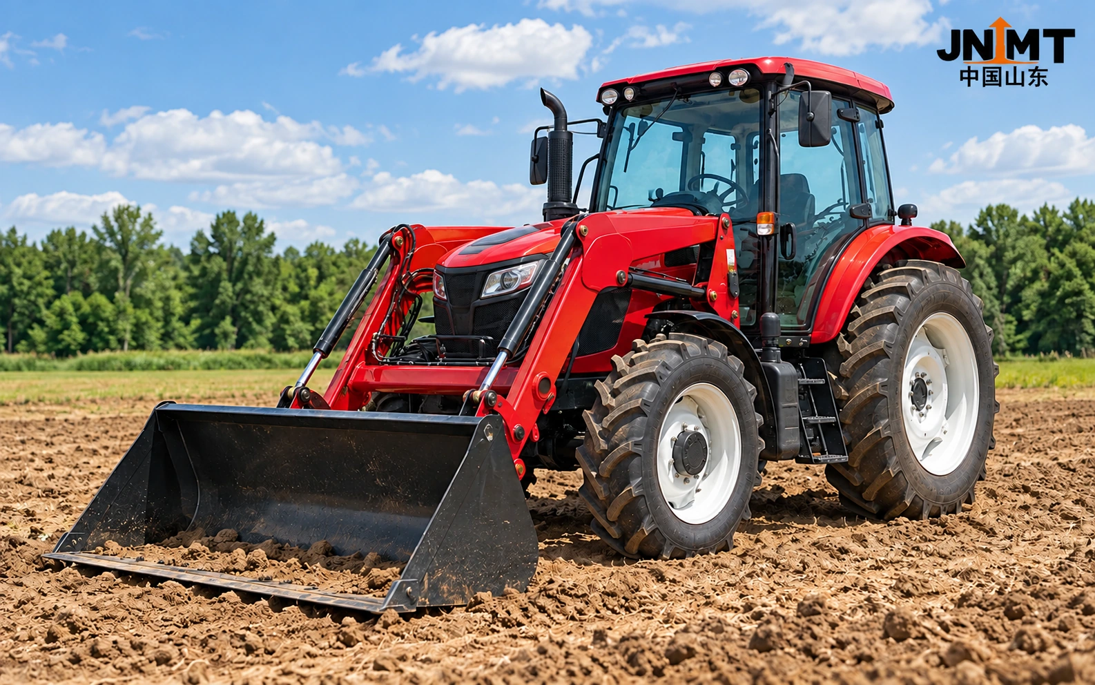 Red tractor with front loader for loading work