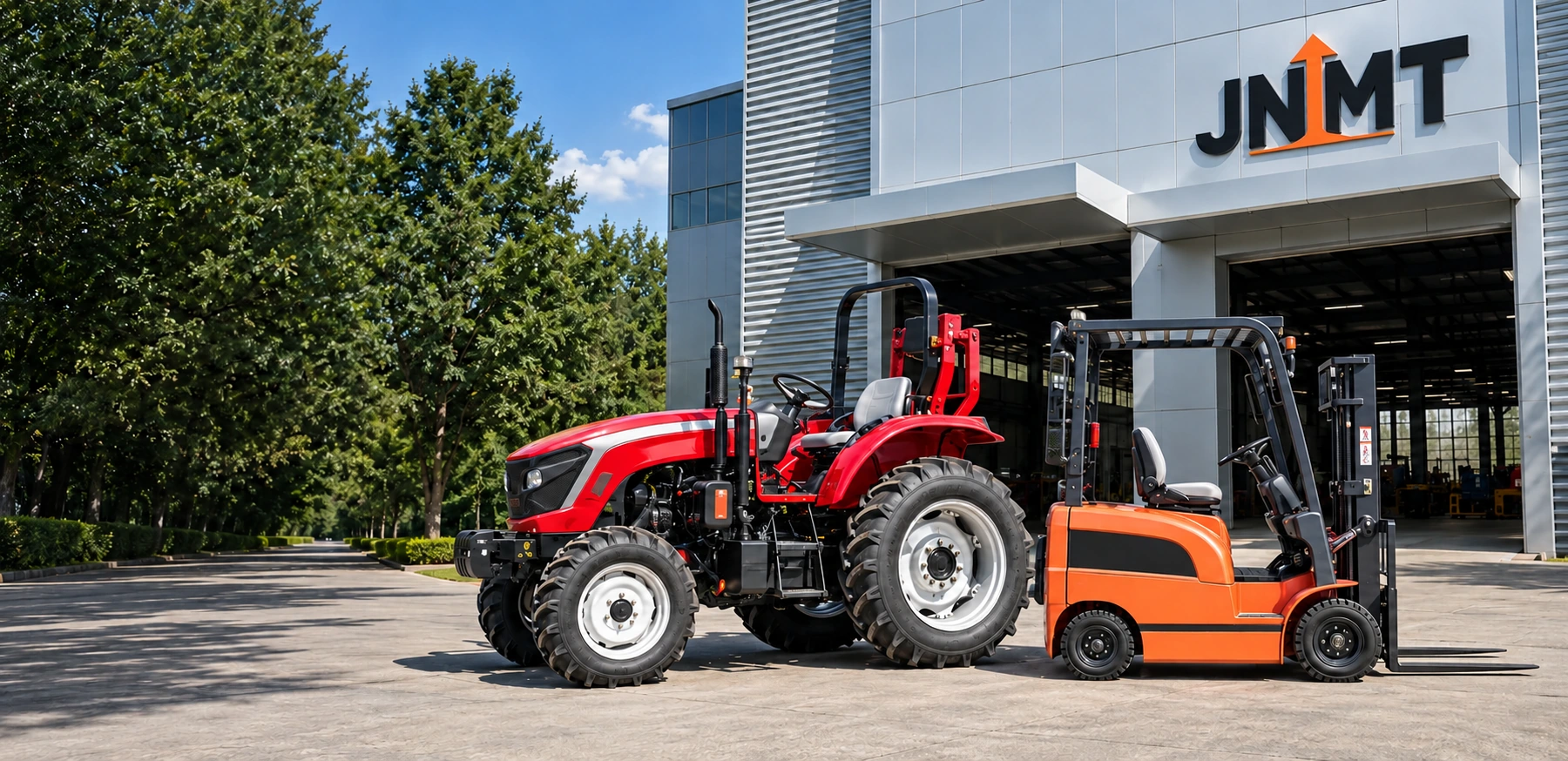 Red agricultural tractor and orange electric forklift outside JNMT workshop