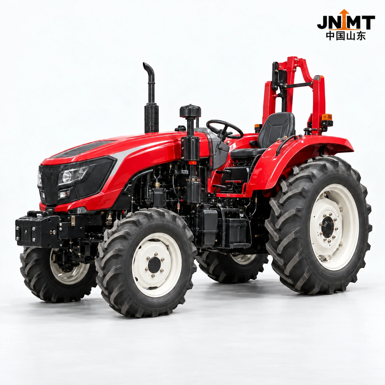 Red open-station four-wheel drive agricultural tractor