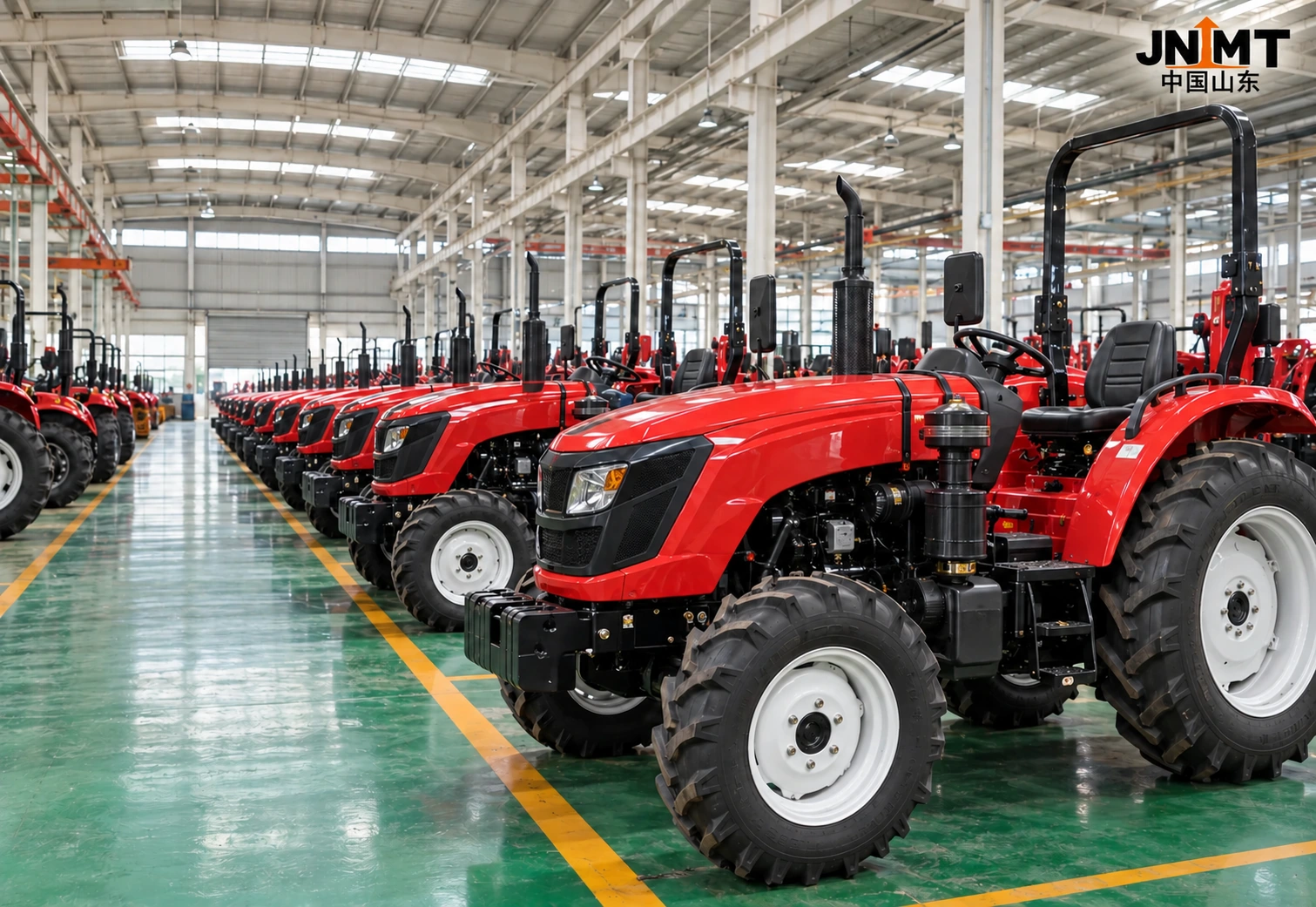 Red tractors arranged along a factory production aisle