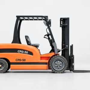 Orange 5-ton electric forklift with overhead guard, left side view