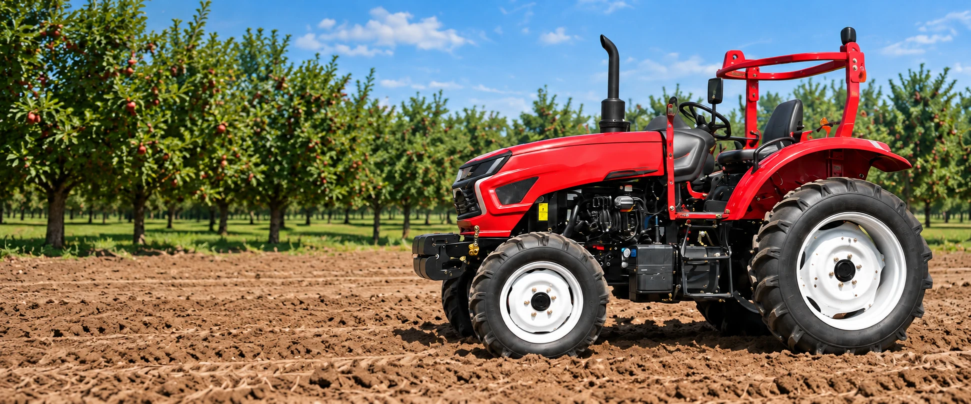 Agricultural tractor in an orchard